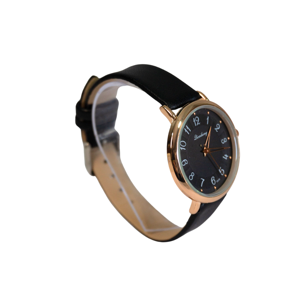 RELOJ MALLA CUERINA MARCA DORADA