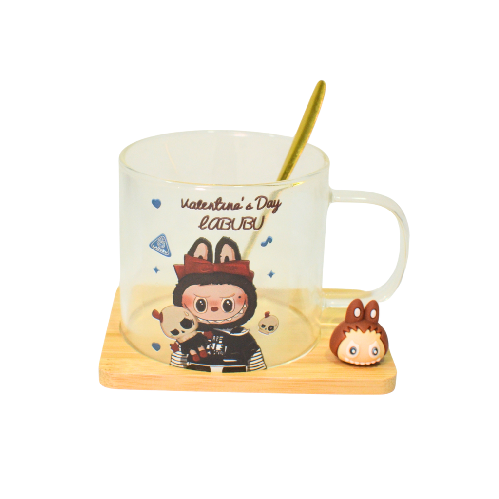 TAZA DE VIDRIO LABUBU CON PLATO Y CUCHARA