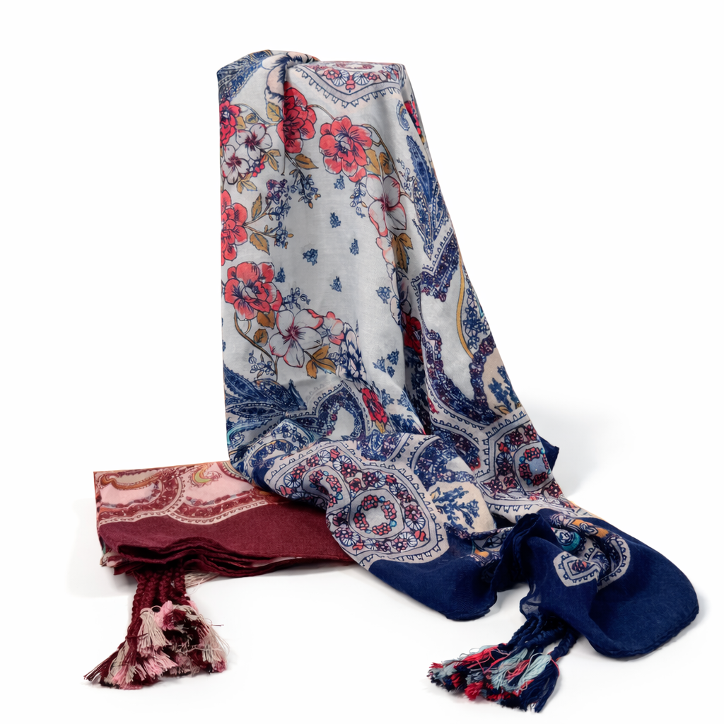 PAÑUELO RECTANGULAR ESTAMPA Y  BORLAS