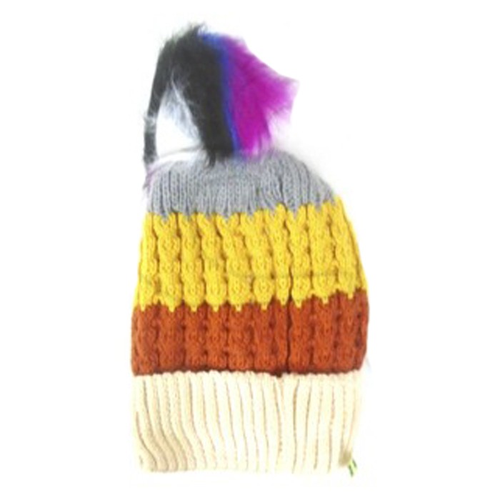 [17181] GORRO DE LANA RAYADO CON INTERIOR PLUSH Y POMPON MULTICOLOR