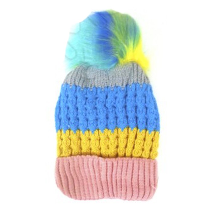 [17181] GORRO DE LANA RAYADO CON INTERIOR PLUSH Y POMPON MULTICOLOR