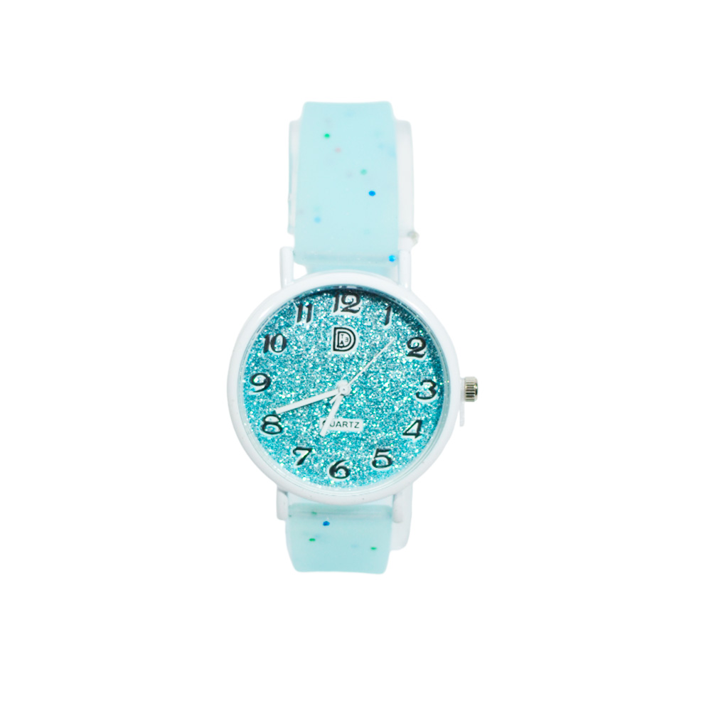 RELOJ MALLA CUADRANTE CON GLITTER Y MALLA SILICONADA EN COLORES