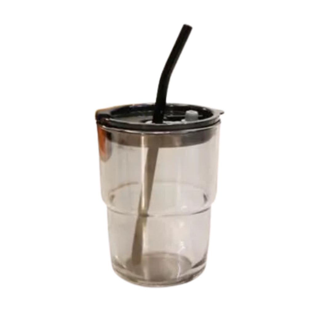 VASO DE VIDRIO CON BOMBILLA NEGRO