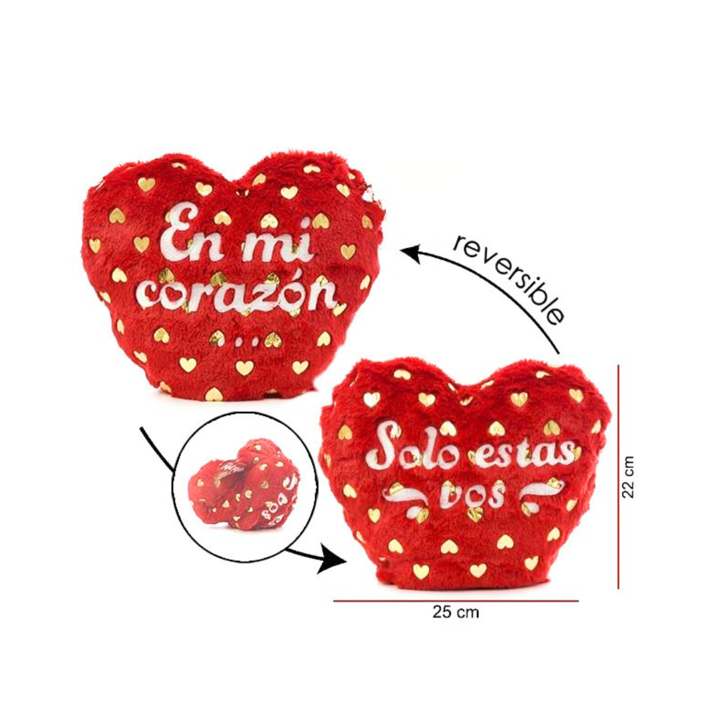 PELUCHE CORAZON REVERSIBLE 2 FRASES CON DORAADO 25CM