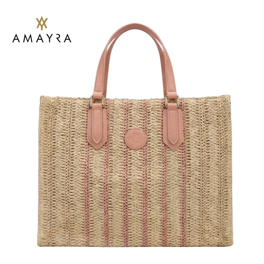 CARTERA TOTE DE RAFIA CON DETALLES ROSA AMAYRA