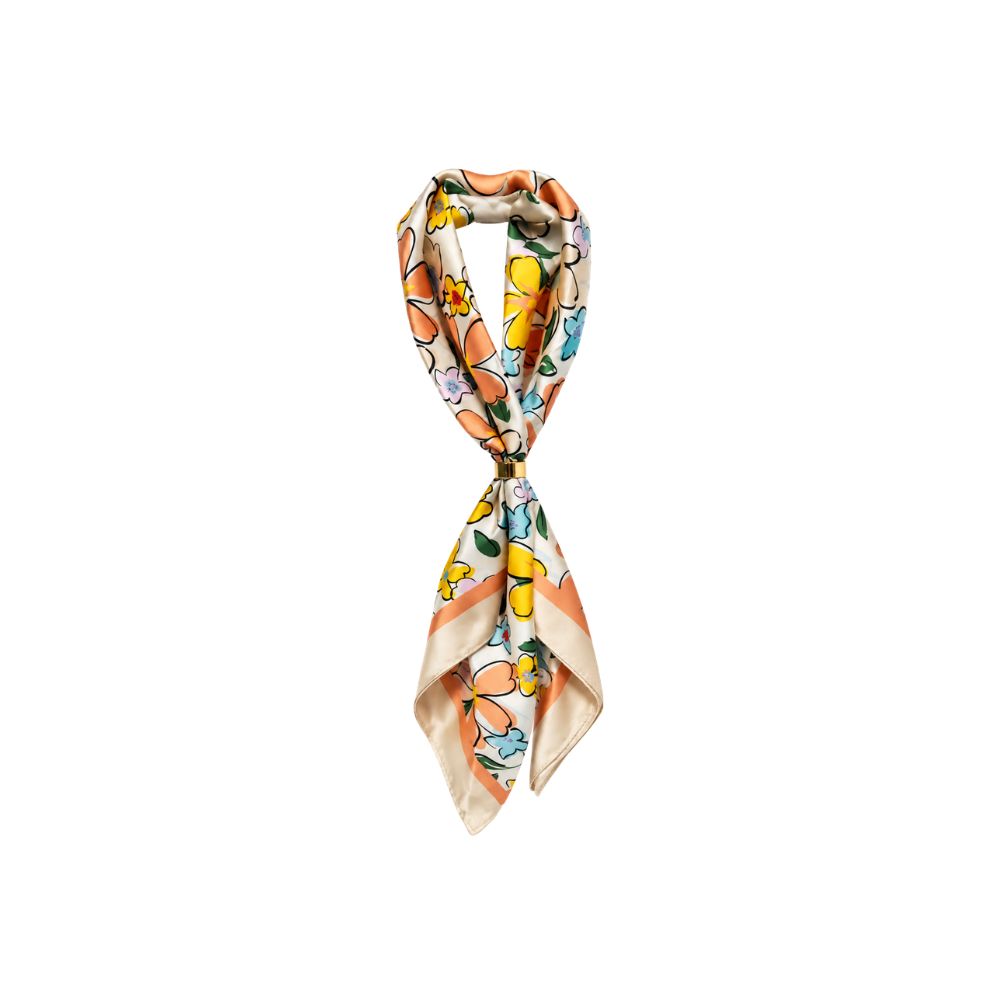 PAÑUELO ESTAMPADO FLORAL CON TONOS BEIGE DE CUELLO