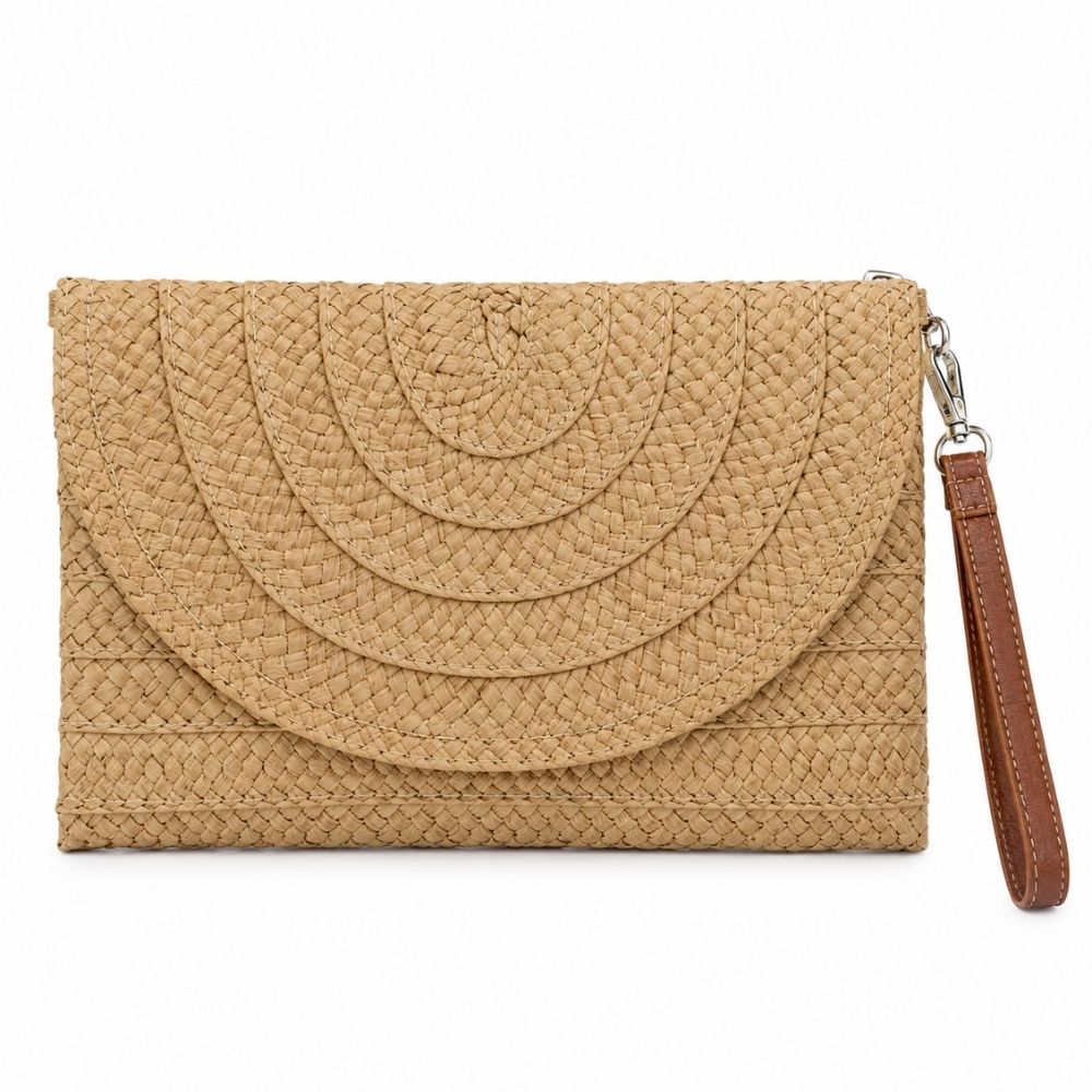 SOBRE CLUTCH  RAFIA DE MANO SOLAPA CIRCULAR Y CORREA