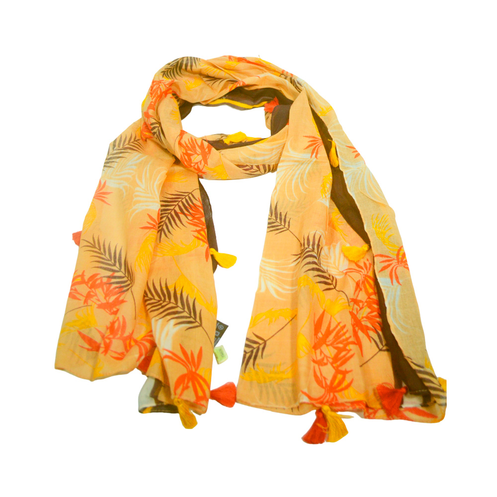 CHALINA ANCHA DISEÑO HOJAS Y BORLAS | ModaShop