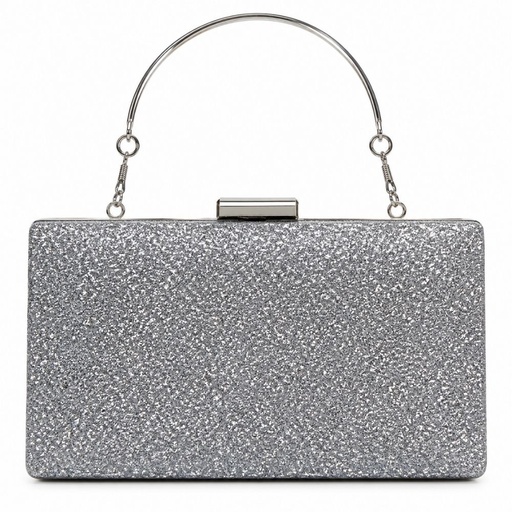 CARTERA CLUTCH DE FIESTA PLATEADA CON GLITTER Y ASA METÁLICA